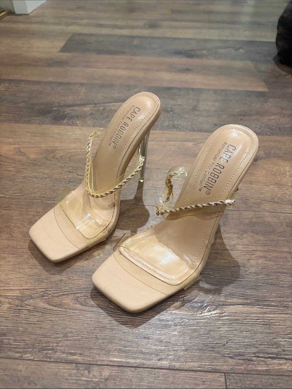 Cape Robbin Nude Clear Strap Heeled Sandals with Gold Braid